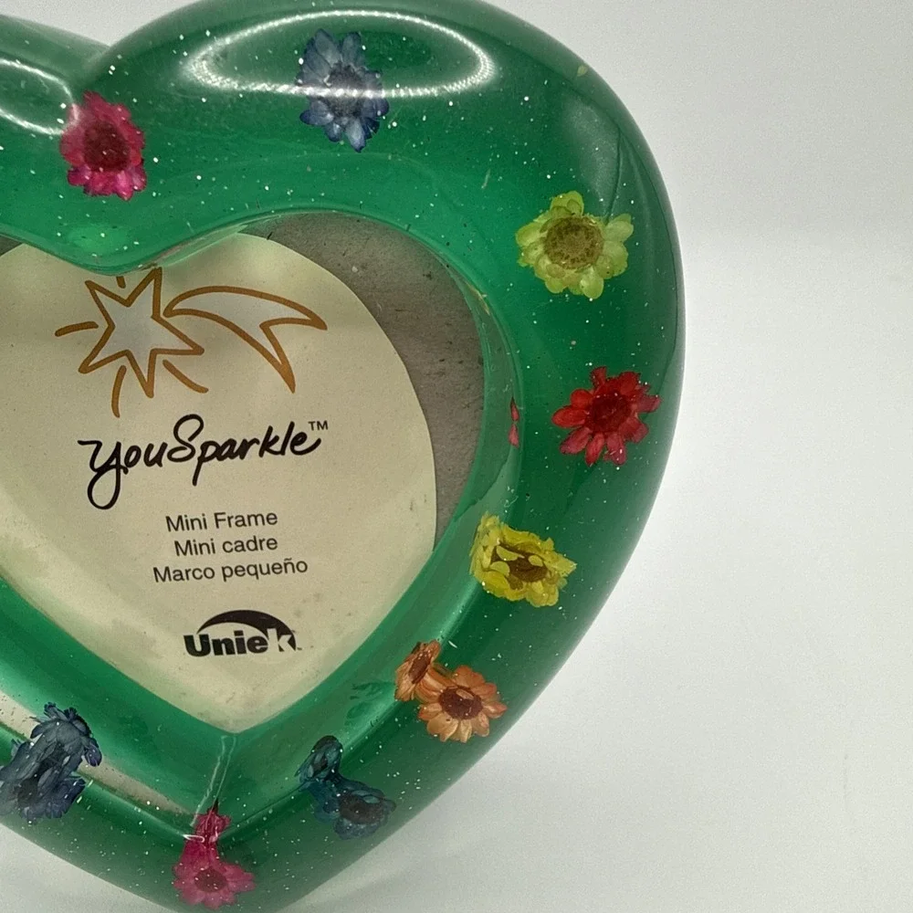 Vtg Uniek Y2K Green Sparkle Heart Frame Floral Accents Glitter Mini Frame